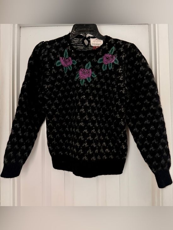 Susan Bristol Sweaters - Vintage Susan Bristol Black Knit Embroidered Sweater Purple Rose Size Small